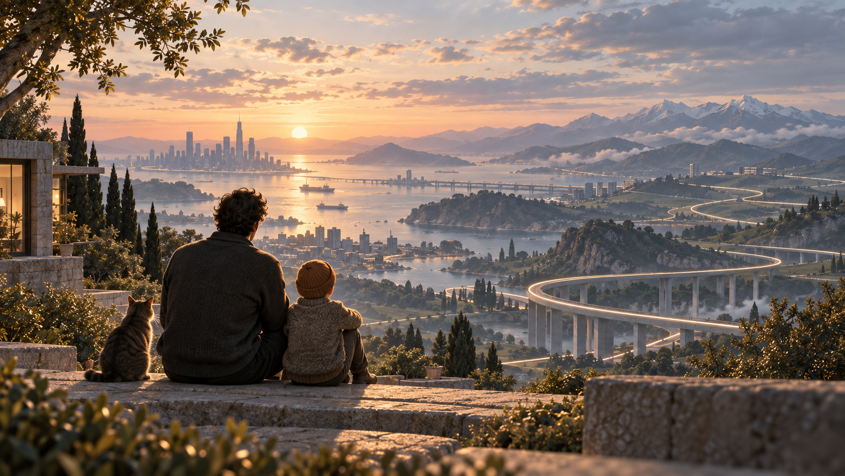 An adult, a child and a cat look towards a city and diverging illuminated routes in a changing world