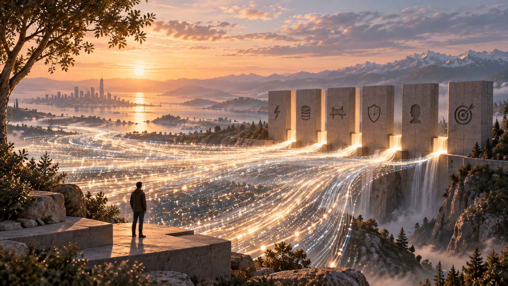 A powerful flow of light passes through gateways representing energy, data, infrastructure, trust, attention and goals