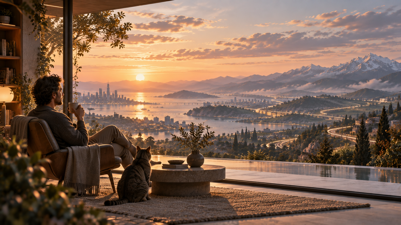 A person and a cat look towards a city where complex automated infrastructure has become an ordinary background to human life