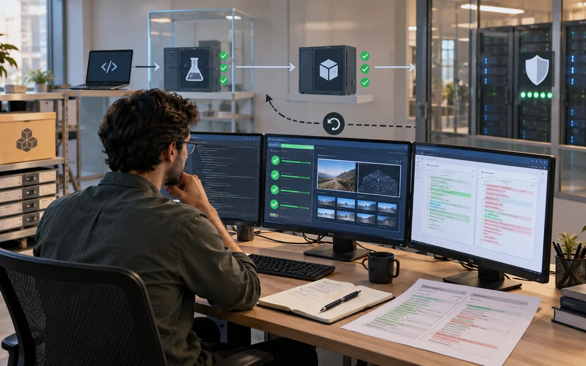 Engineering illustration: careful measurement before AI executes a change at speed.