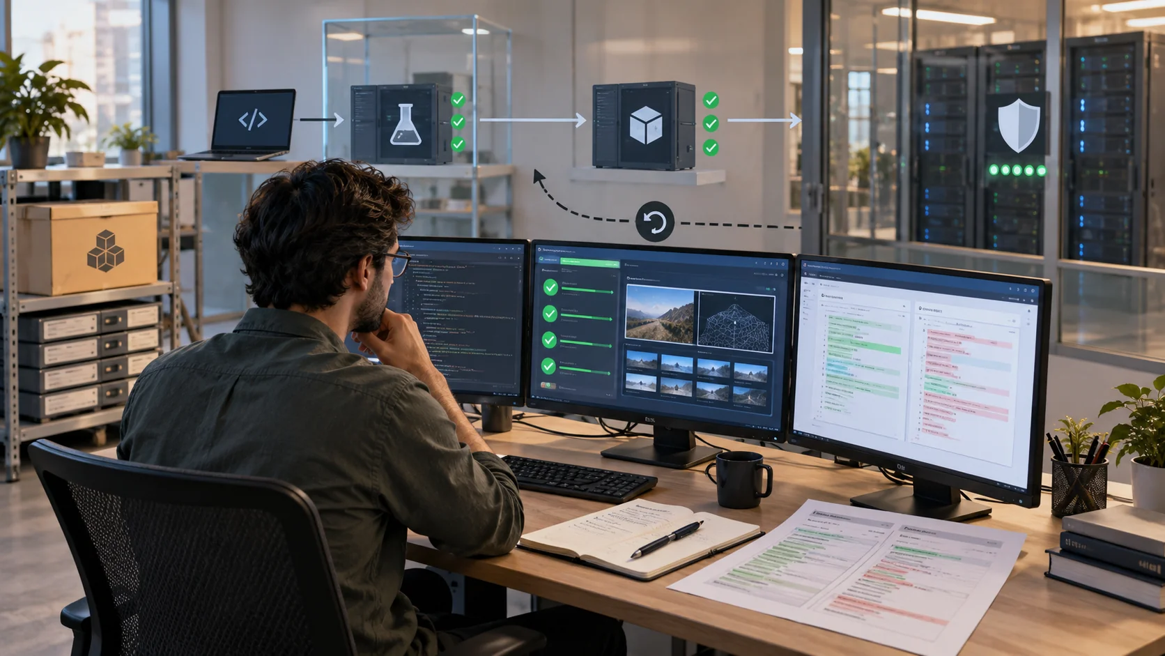 Engineering illustration: careful measurement before AI executes a change at speed.