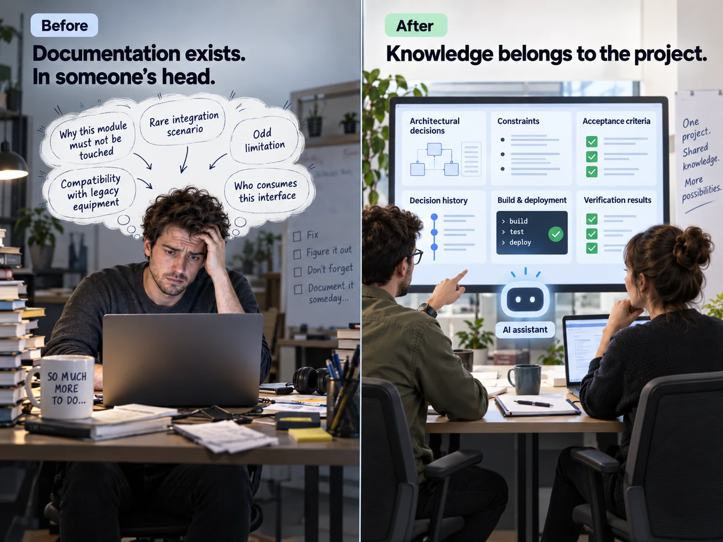 Before-and-after comparison showing undocumented team knowledge becoming explicit project knowledge: architectural decisions, constraints, acceptance criteria, build steps and verification results.