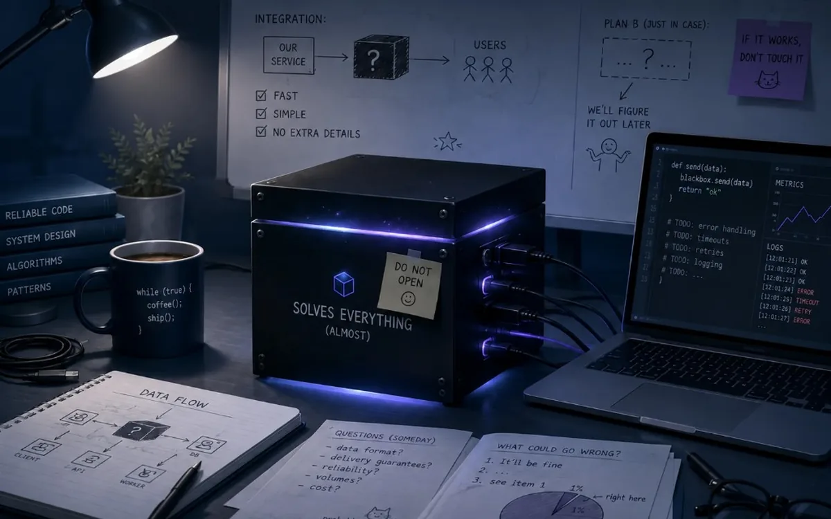 A glowing black box on a developer's desk, labeled SOLVES EVERYTHING (ALMOST).